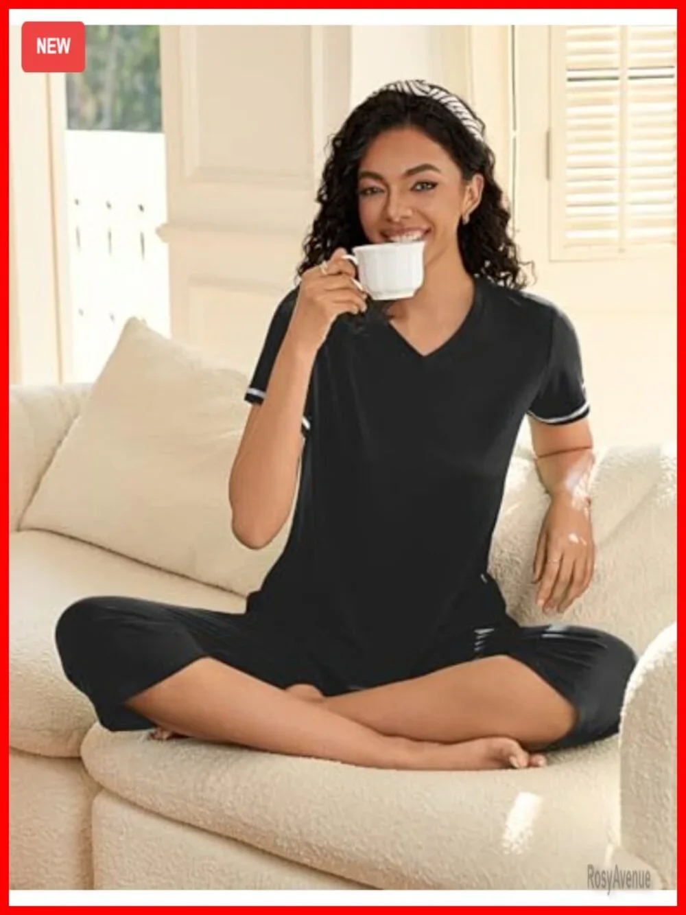 Short Sleeve V-Neck Capri Pajama Set with Pockets